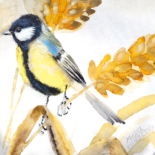 original watercolor Marta Konieczny present   gift for woman  for girl  for friend  for bedroom  present  beauty  best  professional 
 Hahnemuhle paper  40x30 cm  delicate  nature  yellow  golden  autumn  bird  tit